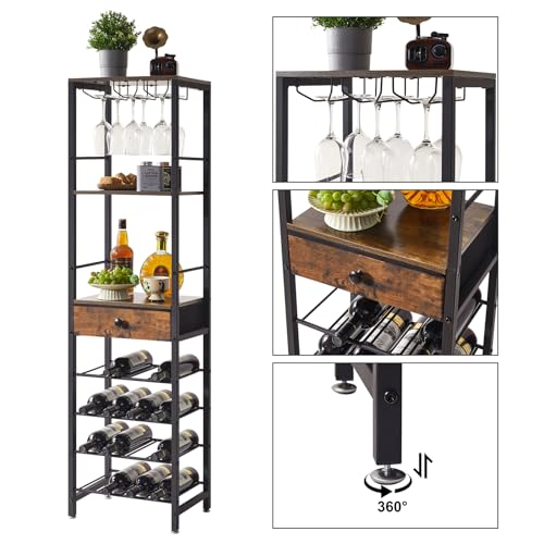 IBUYKE Portabottiglie da Terra a 4 Livelli con Portabicchieri e Cassetto, Portabottiglie da 16 Bottiglie da Banco in Legno, Per Cantinetta Vino, Cucina, Sala da Pranzo, Marrone TMJ905H - immagine 6