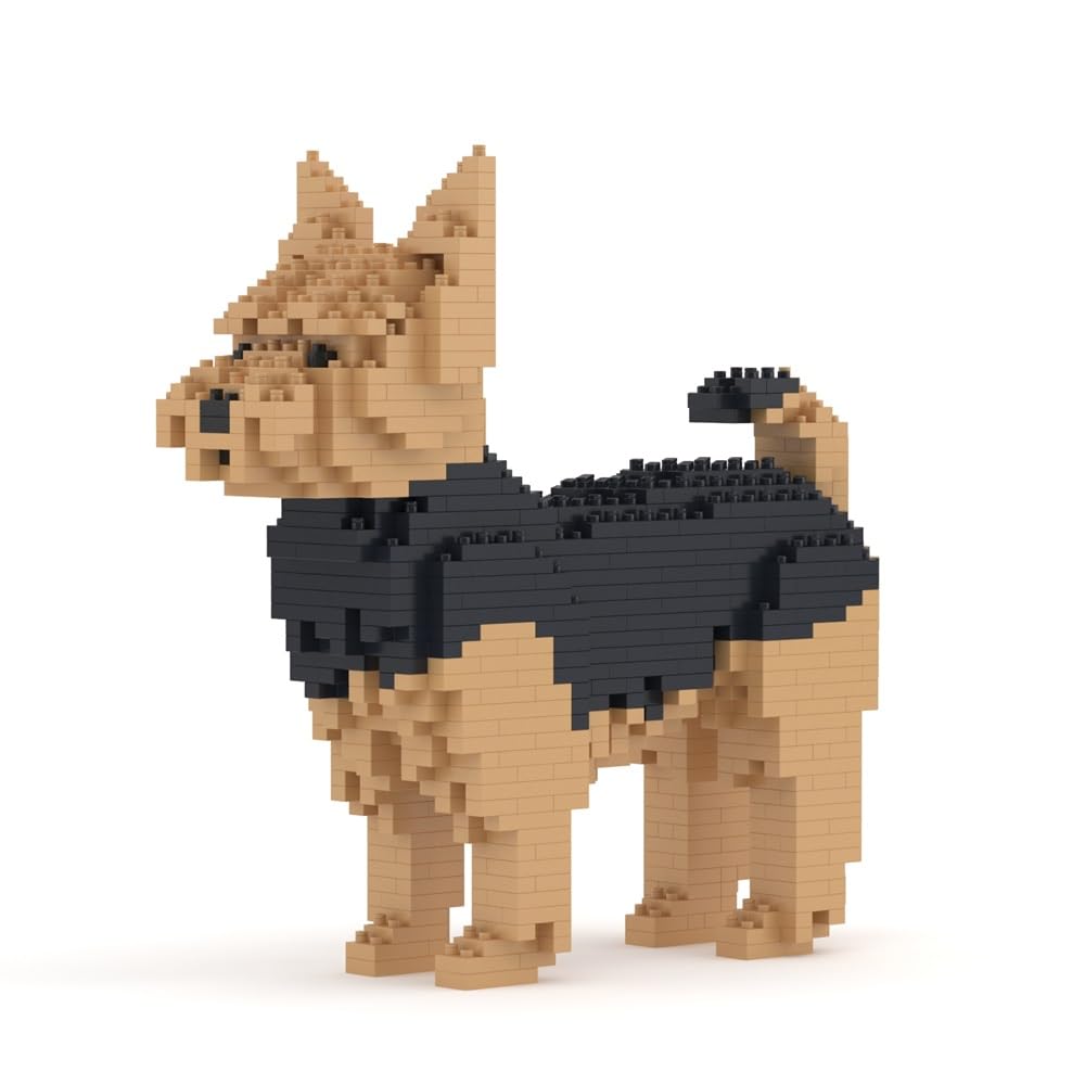 JEKCA Yorkshire Terrier 01S model next to an iPad showing product dimensions.