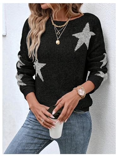 Women's Star Graphic Sweater Y2k Boat Neck Long Sleeve Knit Casual Pullover Tops3