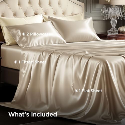 Image of Bedsure Khaki Satin Sheets Queen Size, Soft Silky Bedsheet for Hair & Skin | Similar to Silk Bed Sheets Set 4 Piece with 15 Inches Deep Pocket Fitted Sheet,1 Flat Sheet, 2 Satin Pillowcases