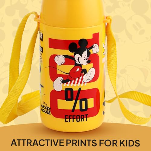 Image of CELLO Kidzbee Puro Steel-X Hydro Kid 600 Insulated Kids Sipper Water Bottle 520ml Yellow | Touch & Feel Mickey Design Easy to Carry with Loop Leakproof Flip Top Water Bottle For School Kids Boys Girls