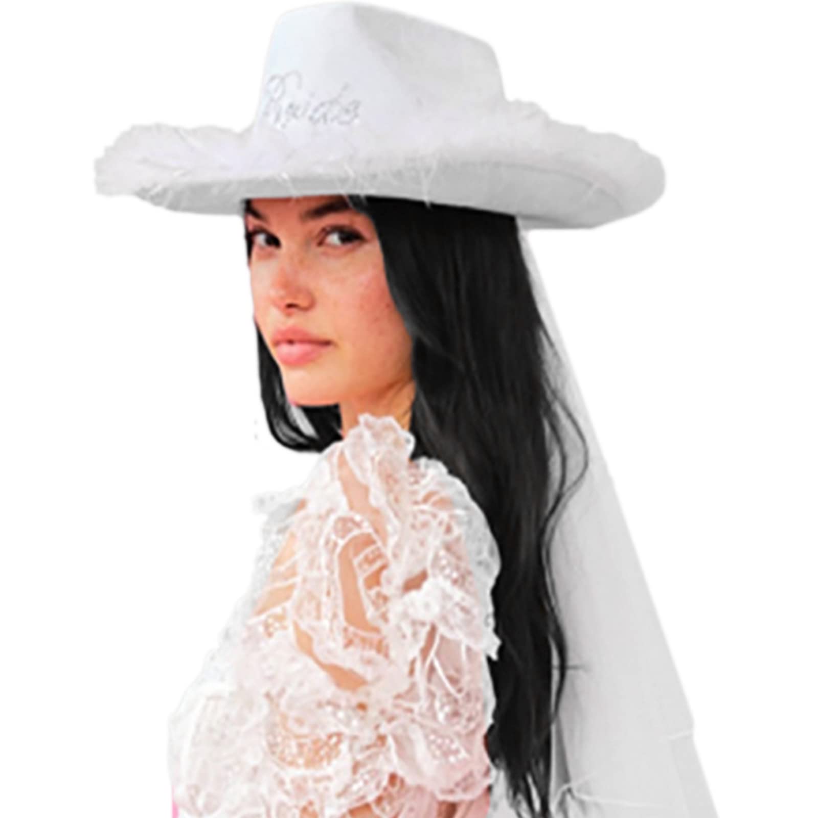 White Bride Letter Cowboy Hat With Adjustable Rope Wide Brim