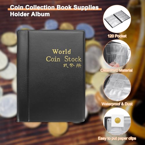 Álbum para Monedas 120 Bolsillos PU Cuero Color Negro miniatura 3