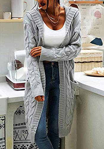 Image of Women Hooded Open Front Cardigan Cable Knit Chunky Long Sweater Coats