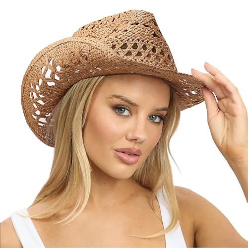 Image of DRESHOW Straw Cowboy Cowgirl Hat for Women Men Western Coastal Cowboy Beach Hat with Shapeable Brim Unisex Rolled up Caps