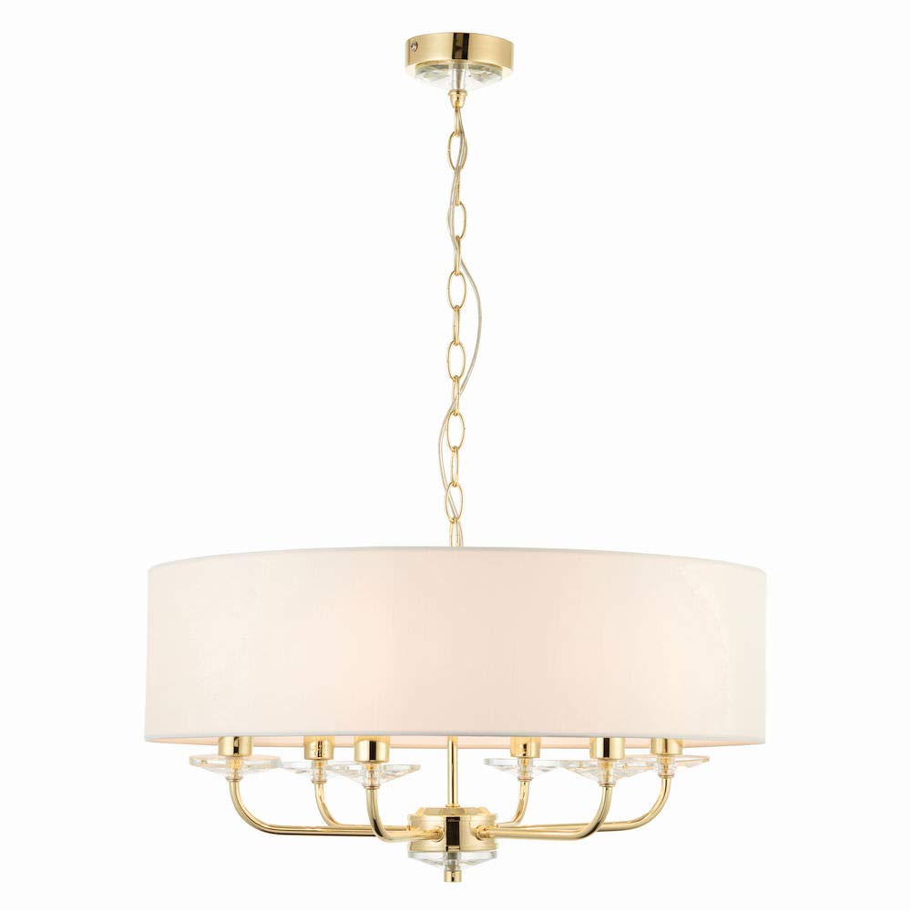 Brass & White Faux Silk 6 Light Adjustable Pendant Ceiling Light