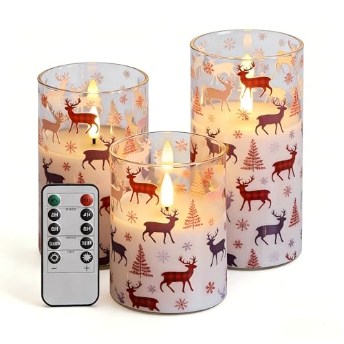 Image of Glass Flameless Pillar Candles with Remote, Flickering Red Buffalo Plaid Glass LED Candles Battery Operated Set of 3