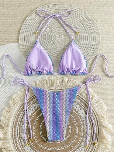 Image of ZAFUL 2 Piece Triangle Bikini for Women Knitted Rope Halter Bikini Sets Sexy Bathing Suit Side Tie Swimsuits Beachwear