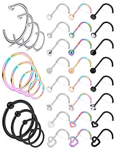 Yaalozei 20g Nose Rings for Women L Shape Nose Surgical Stainless Steel Nose Rings Hoop Studs Diamond Heart Nostril Nose Piercing Jewelry for Women Men Silver Rose Gold Black Rainbow