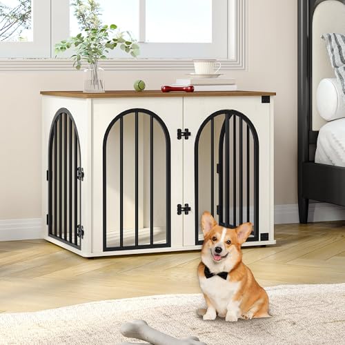 31.5'' Wooden Dog Crate Furniture, Indoor Dog Kennel Dogs Cage for Small/Medium Dogs, Heavy Duty Dog Crates Decorative Pet House End Side Table TV Stand, White Brown DFC85114B - Image 4