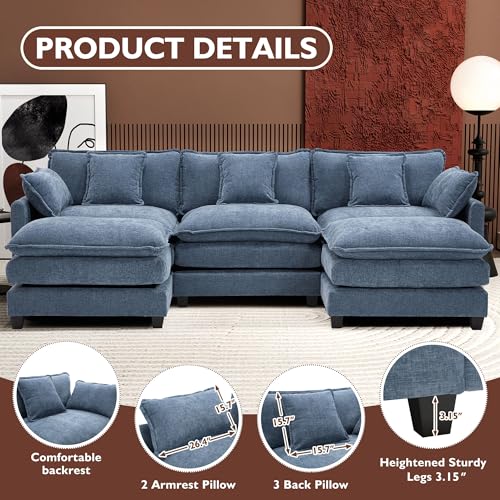 Image of Ihanherry 111.4 inch U Shaped Modern Sofa Modular Sectional Cloud Couch with 2 Ottoman, 5-Seat Chenille Deep Seat Sofa with Pillow for Living Room, Bedroom and Apartment, Blue