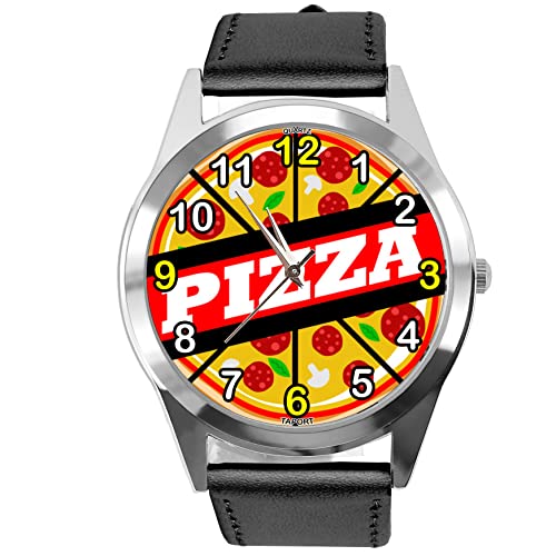 Montre ronde en cuir noir pour les amateurs de pizza, Noir