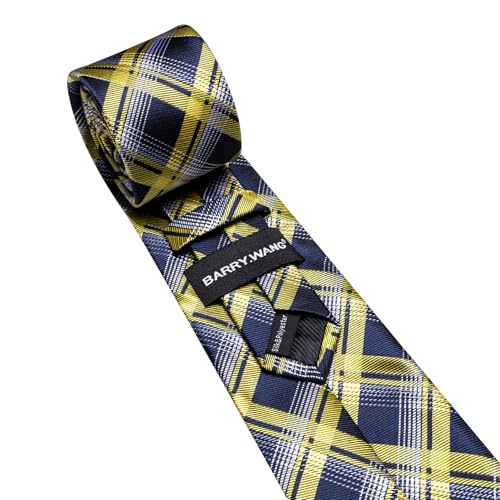 Image of Barry.Wang Plaid Ties Mens Silk Necktie and Tie Clip Checkered Tie for Wedding Party Business Formal