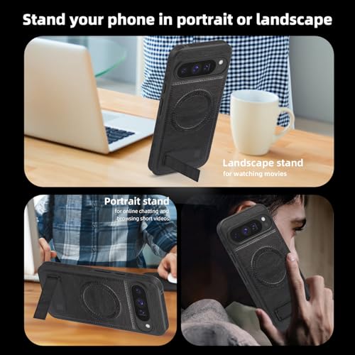 Image of Lunivop for Google Pixel 9 Pro XL Case Leather [Compatible with Magsafe Wireless Charging] Magnetic Cover Stand Funda para Google Pixel 9 Pro XL 6.8 '' 5G 2025 Rugged Best Phone Cases Black