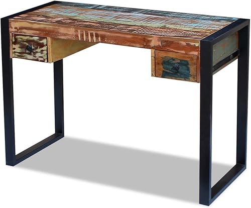 Miniatura 21 de vidaXL Escritorio de madera maciza, escritorio de estilo industrial con 2 cajones, marco de acero duradero, muebles multifuncionales de oficina en