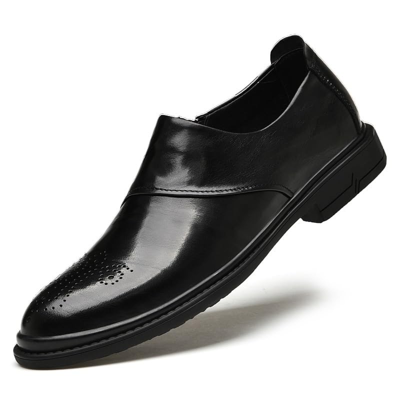 HOOENG Oxford Shoes for Men Slip On Round Burnished Toe Brogue Shoes Slip Resistant Rubber Sole Block Heel Non Slip Casual(Color:Black,Size:6.5)2