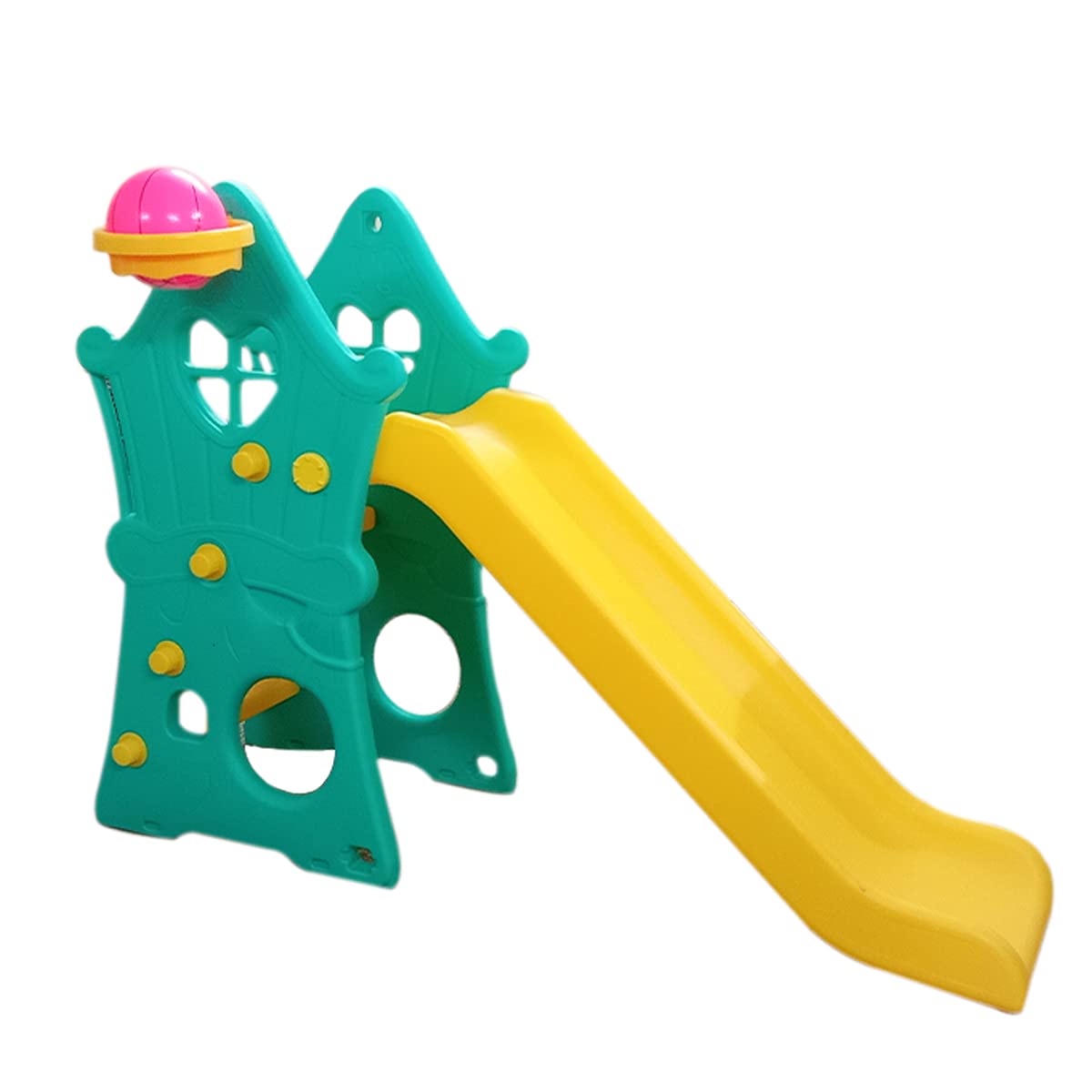 Webby Foldable Hut Shaped Slide Toy for Kids at Home, School & Garden with Basket Ball Ring Multicolour