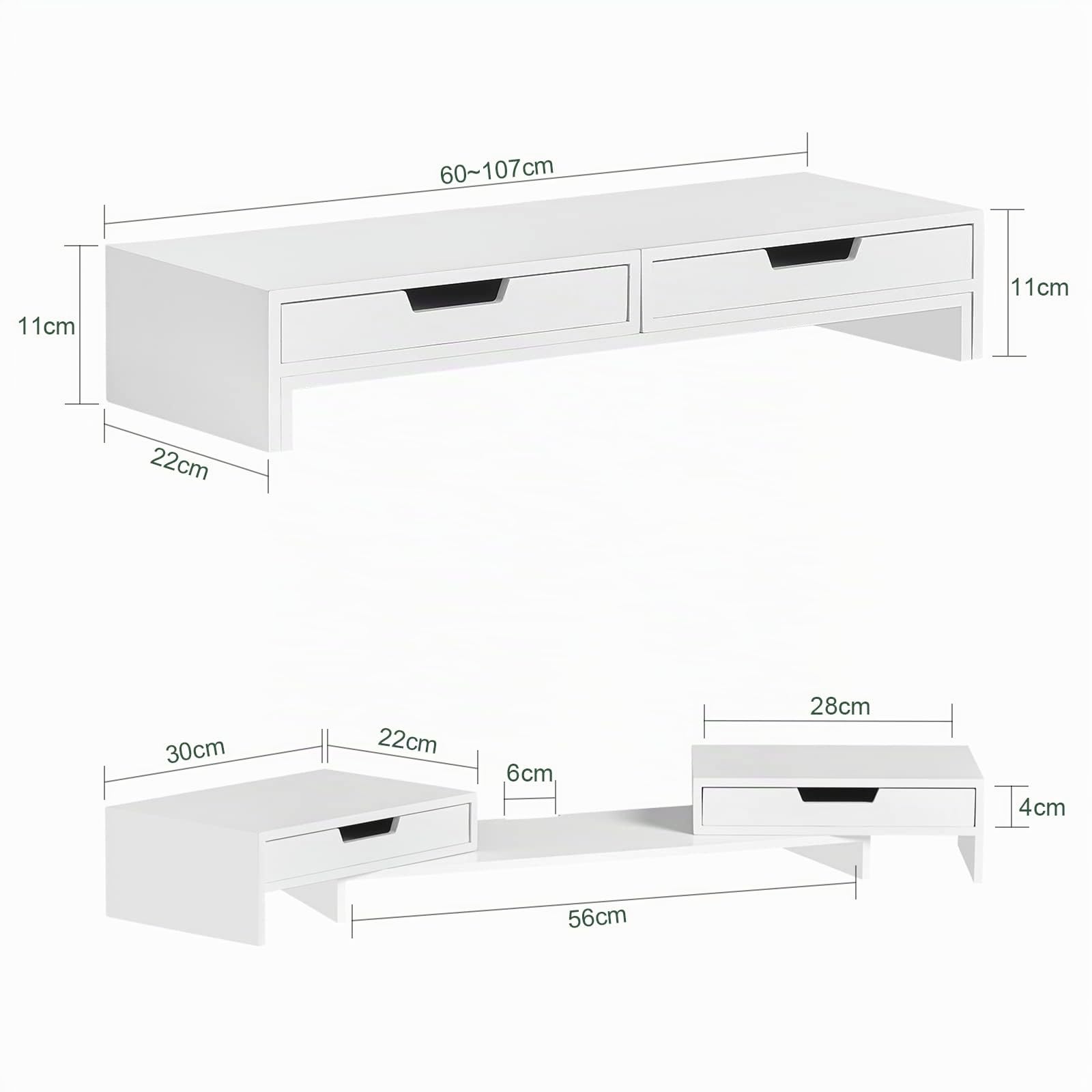 SoBuy Supporto Monitor Scrivania Rialzo Monitor da Scrivania Regolabile con 2 Cassetti Supporto PC Portatile Laptop Stand da Ufficio Bianco 60–107x22x11cm BBF04-W