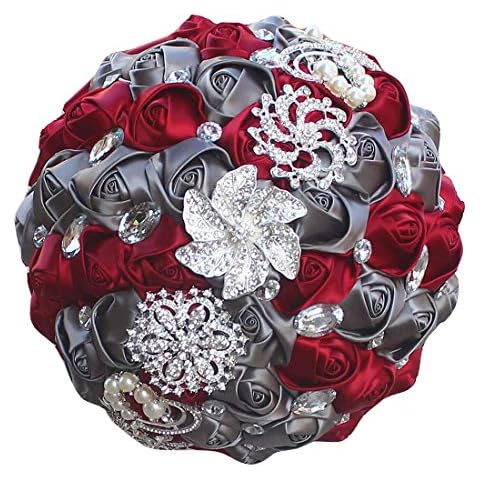 Flonding Wedding Bouquets Bride Bridal Bouquet Bridesmaid Holding Flower for Party Church Decor (Dark Red Grey) Cover