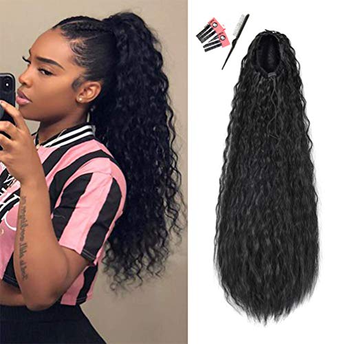 22" Drawstring Ponytails for Black Women, Long Black Corn Wavy Synthetic Drawstring Ponytail Extension (#1B)