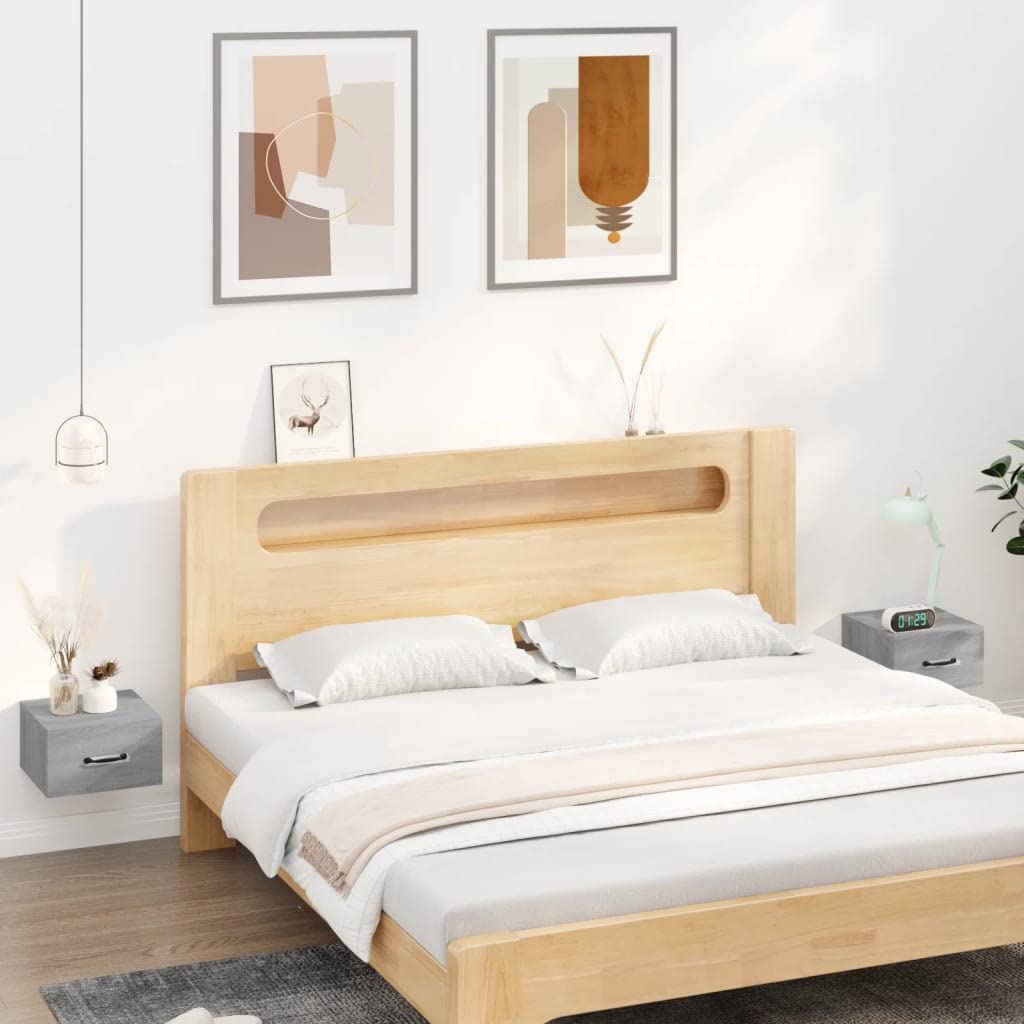 Juego de 2 mesitas de noche de pared, color gris, 35 x 35 x 20 cm, con espacio de almacenamiento, mesitas de noche flotantes para montaje en pared de madera