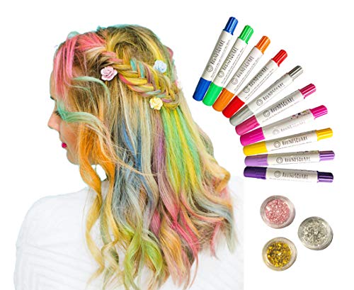 Kids Jumbo Hair Chalk Pens Temporary Washable - 10 Colors + 3 Glitters - Non-Toxic and Safe for Girls by ROUNDSQUARE
