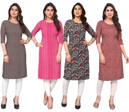 Image of JAKHANA Women's Crepe Printed Casual Straight Calf Length Round Nick Kurta Pack of 4