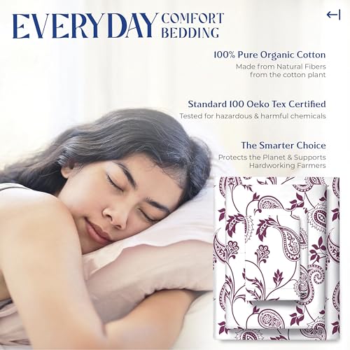 Image of Mayfair Linen 100% Organic Cotton Printed Sheets Queen Size - Percale Weave Cotton Queen Size Sheet Set (4 PC, Paisley), Soft & Crisp, GOTS Certified, Cooling Sheets, 16 inch Deep Pocket