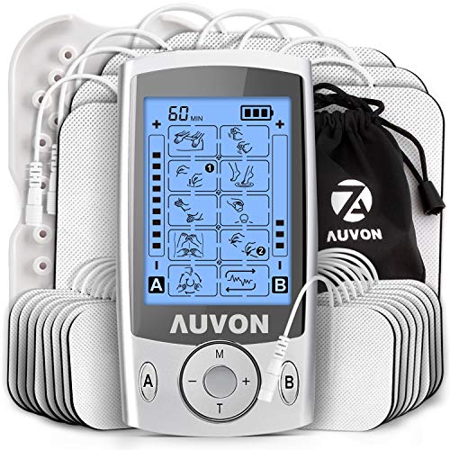 AUVON Dual Channel TENS Machine Muscle Stimulator (Family Pack), 20 Modes Rechargeable TENS Machine with Huge Pack of 24 Pcs Reusable TENS Electrode Pads (2"x2" 16pcs, 2"x4" 8pcs)