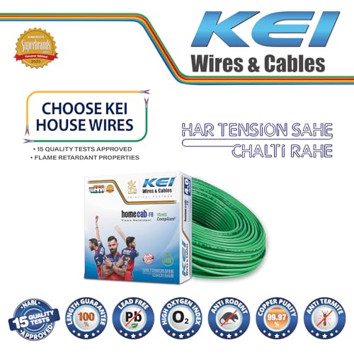 Image of KEI WIRES & CABLES Homecab 4 sqmm 1 Core Copper Flame Retardant House Wire PVC Insulated Cable for Domestic & Industrial Electrical Wiring (Green, 90 Meters)