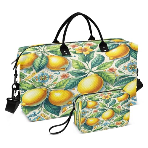 ​​Large Foldable Travel Duffel Bag, Waterproof Gym Bag for Men & Women, Carry-On Luggage Weekender Overnight Bag, Ceramic Tile Lemon Leaves