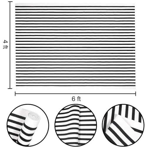 HOXCIK Black and White Striped Outdoor Rug 4x6 ft Outdoor Patio Rug Striped Washable Indoor/Outdoor Mat Hand-Woven Cotton Farmhouse Area Rug Floor Mat for Bedroom/Living Room/Lawn/Bedroom - Image 3