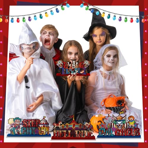 Image of Yuntau 6 Pcs Halloween Carnival Party Decorations Horror Blood Circus Clown Table Centerpiece Scary Carnival Circus Theme Wooden Table Sign for Indoor Horror Evil Halloween Party Decorations Supplies