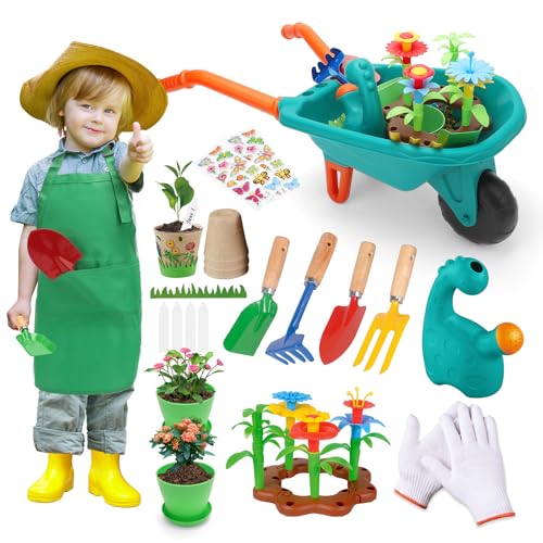 deAO Kids Gardening Tools Set, Gardening Set for Kids, Garden Toys with Wheelbarrow, Watering Can, Shovel, Apron, Flower Garden Building Toy, Pretend Play Outdoor Indoor Toy for Boys Girls