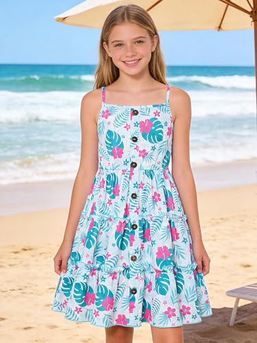 Image of Enlifety Girls Dress Hawaiian Spaghetti Straps Dresses Summer Sundress Size 6 12T