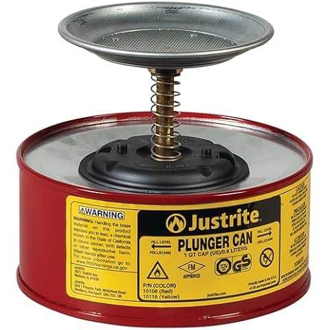 Justrite Plunger Can for Solvents, 1 Quart Capacity, 5.6" x 7.25" Steel Push-Down Solvent Dispenser Can, Made in the USA Industrial Mechanic Tools, Red, 10108 Cover