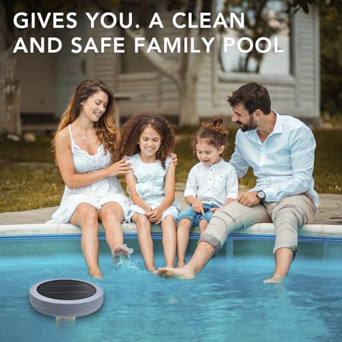 Solar Pool Ionizer - Enhanced with Latest Solar, 90% Less Chlorine, for Pools up to 45,000 Gal, Technology & Longer-Lasting Anode, Reduces Chlorine- Mineral-Based Pool Cleaning Device （Gray）