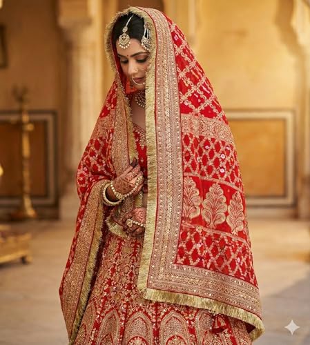 Image of Navti Creations Wedding bridal Dupatta /Chunni in banarasi silk Brocade with Katrina Kaif's Marriage dupatta's Embroidery border and 4 side golden Kiran