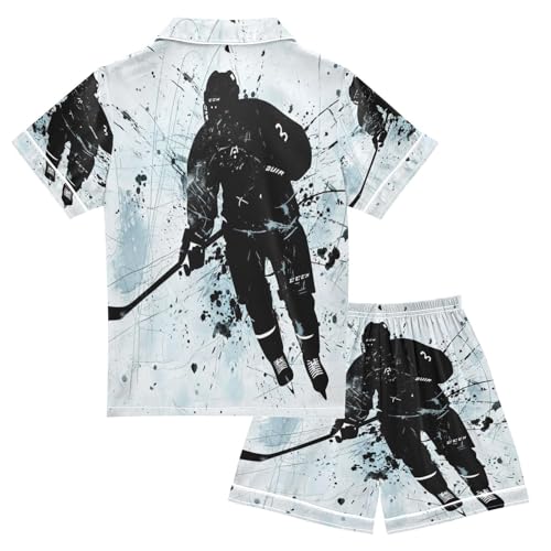 ALAZA Black Ice Hockey Player Watercolor Satin Pajamas Set Short Sleeve Button Down Sleepwear Summer Pjs 2 Piece2