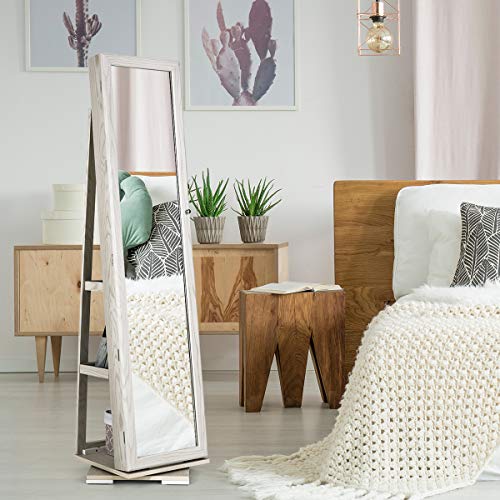 CHARMAID 360° Rotating Jewelry Armoire with Higher Full Length Mirror, Standing Lockable Jewelry Cabinet Organizer with Large Storage Capacity, Inside Makeup Mirror, Rear Storage Shelves (White)