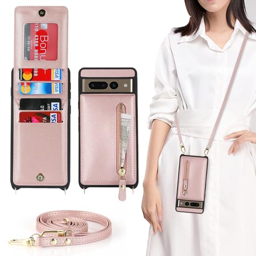 DEYHU for Google Pixel 7 pro Case with Card Holder for Women,Pixel 7 pro Phone Case Wallet with Strap Credit Card Slots Crossbody with Kickstand Zipper Case for Pixel7pro - Rose Gold