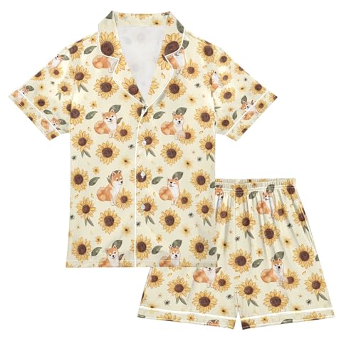 senya Dog with Sunflower Satin Summer Pajama Sets Silk Short Sleeve Button Down Sleepwear
