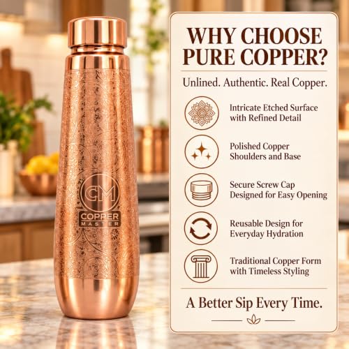 Image of Copper-Master Pure Copper Water Bottle 1L & 2 Glasses Set, Polo Etched
