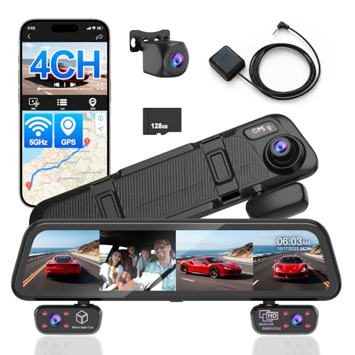 SPRLEAF Rear View Mirror Camera, 4 Channel Mirror Dash Cam Front and Rear Inside for Cars & Trucks, 5.8GHz Wi-Fi, GPS, Parking Monitor, Reverse Assist, 12' Touch Screen, Night Vision, Free 128GB Card