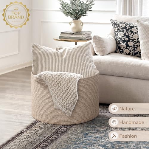 Image of INDRESSME Large Blanket Basket Woven Cotton Rope Basket 65L with Handles, Toy Storage Basket for Living Room Bedroom Nursery, Laundry Hamper for Clothes Towels, Wicker Blanket Home Decor Brown
