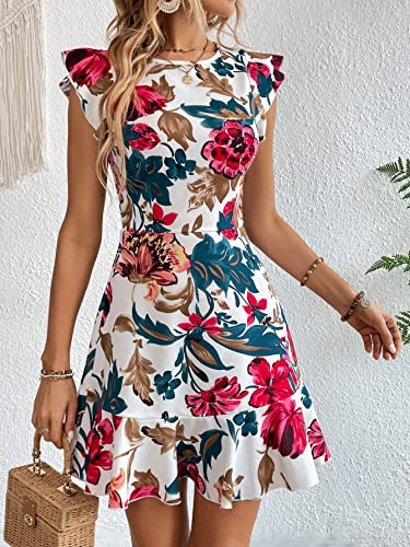Image of Shasmi Girl's & Women's Floral Print Cap Sleeve Ruffle Trim Short Dress Summer Boho One Piece Mini Dress for Women Stylish Dresses (Midi 170)