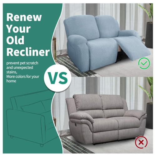 Image of YEMYHOM 6 Pieces Stretch Loveseat Recliner Slipcover Jacquard Recliner Sofa Cover with Side Pocket Fitted Recliner Cover Couch Furniture Protector with Elastic Bottom (Loveseat Recliner, Light Blue)