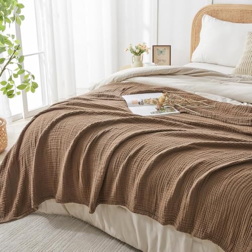 Image of EMME Muslin Blankets for Adults Throw Blanket for Couch Breathable Gauze Soft Lightweight Airy Brown Queen 90 inch x 90 inch