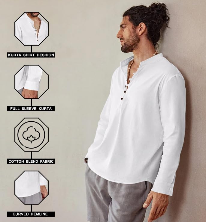 Royalscout Men's Cotton Solid Full Sleeve Short Kurta Shirt White