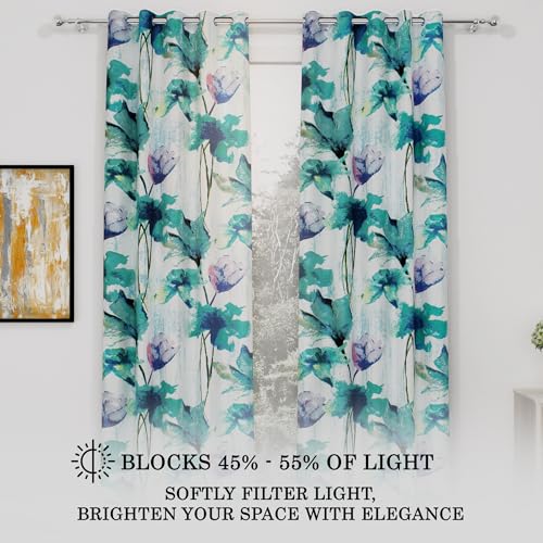Image of Door Curtains 7 feet Long Set of 2 | Floral Design | Polyester, Light Filtering Curtains and Drapes | Curtains for Living Room | (118 x 215 cm, Blue & White) | Perfect for Home Decor
